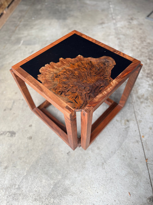 "Infinity" Claro Walnut and Solid Black Epoxy Side Table with Black Walnut Base