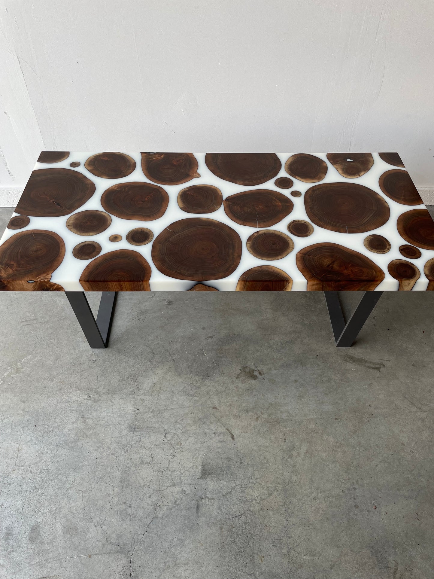 Black Walnut Wooden Branch Rounds and Solid White Epoxy Coffee Table