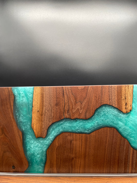 12" x 20" Black Walnut Wood & Turquoise Epoxy Resin River Charcuterie Board