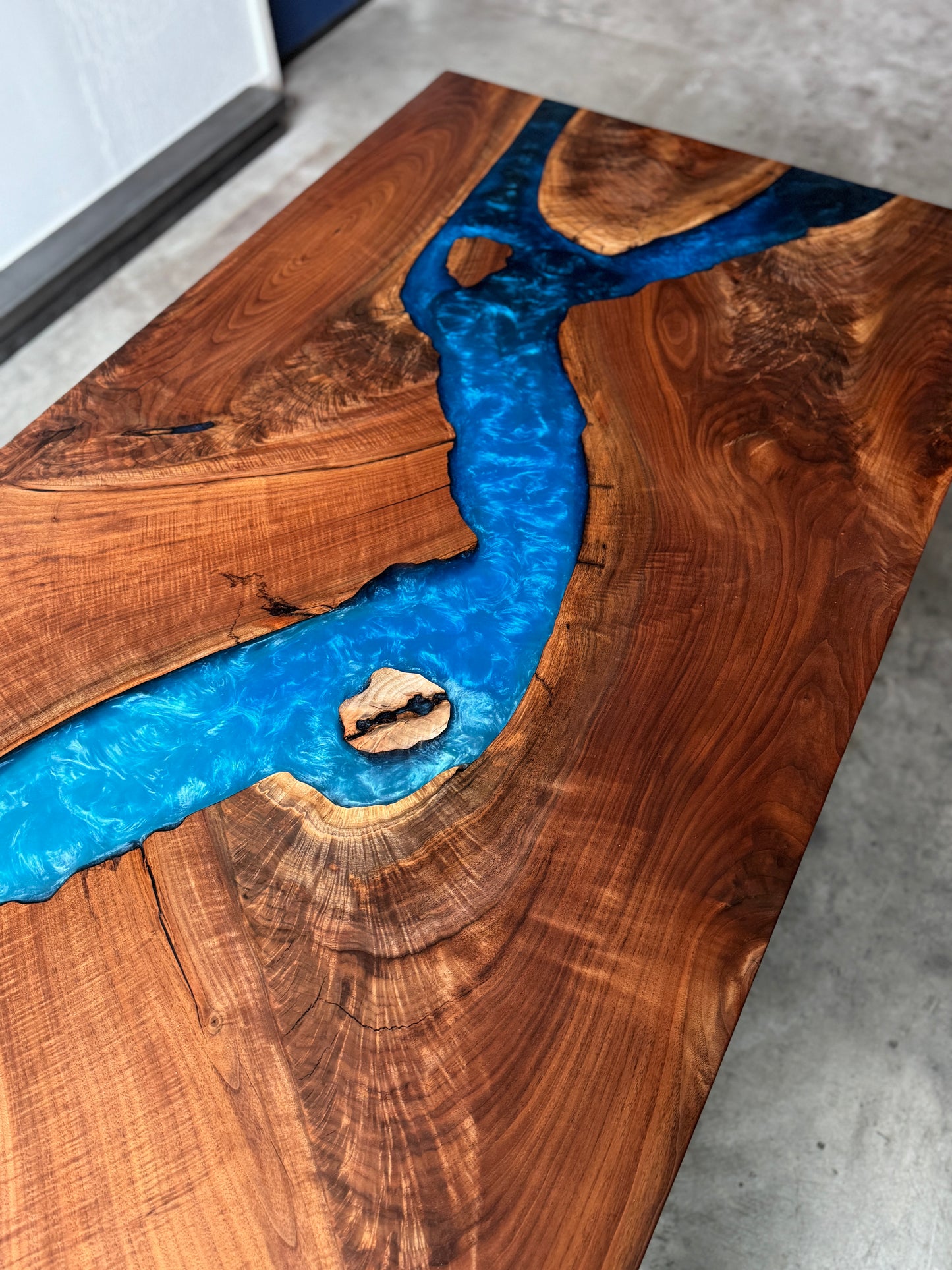 Black Walnut Dining/Conference Table with Multi-Blue Epoxy River & Waterfall Edge