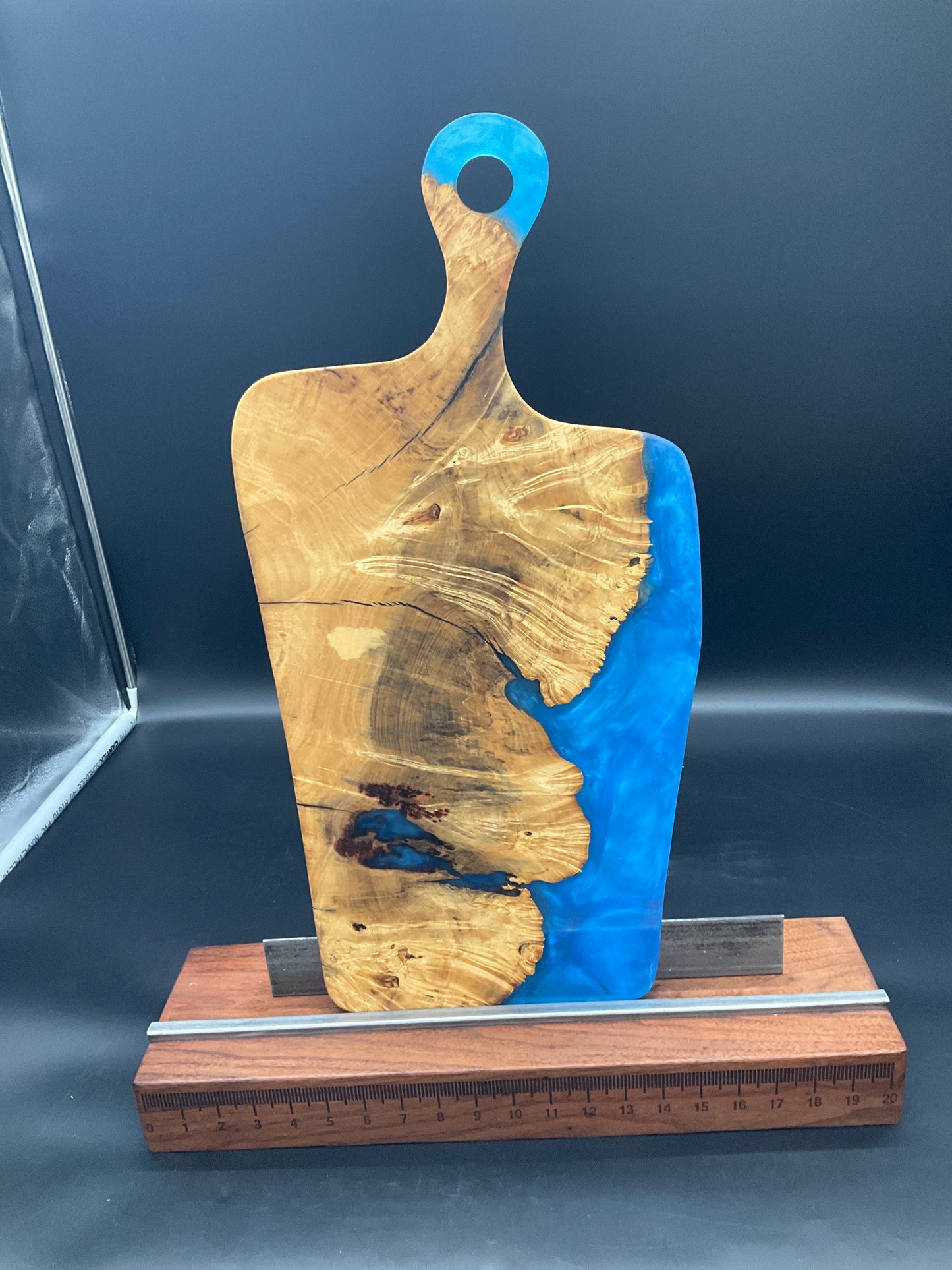 Handled Blue Epoxy River and Maple Burl charcuterie board