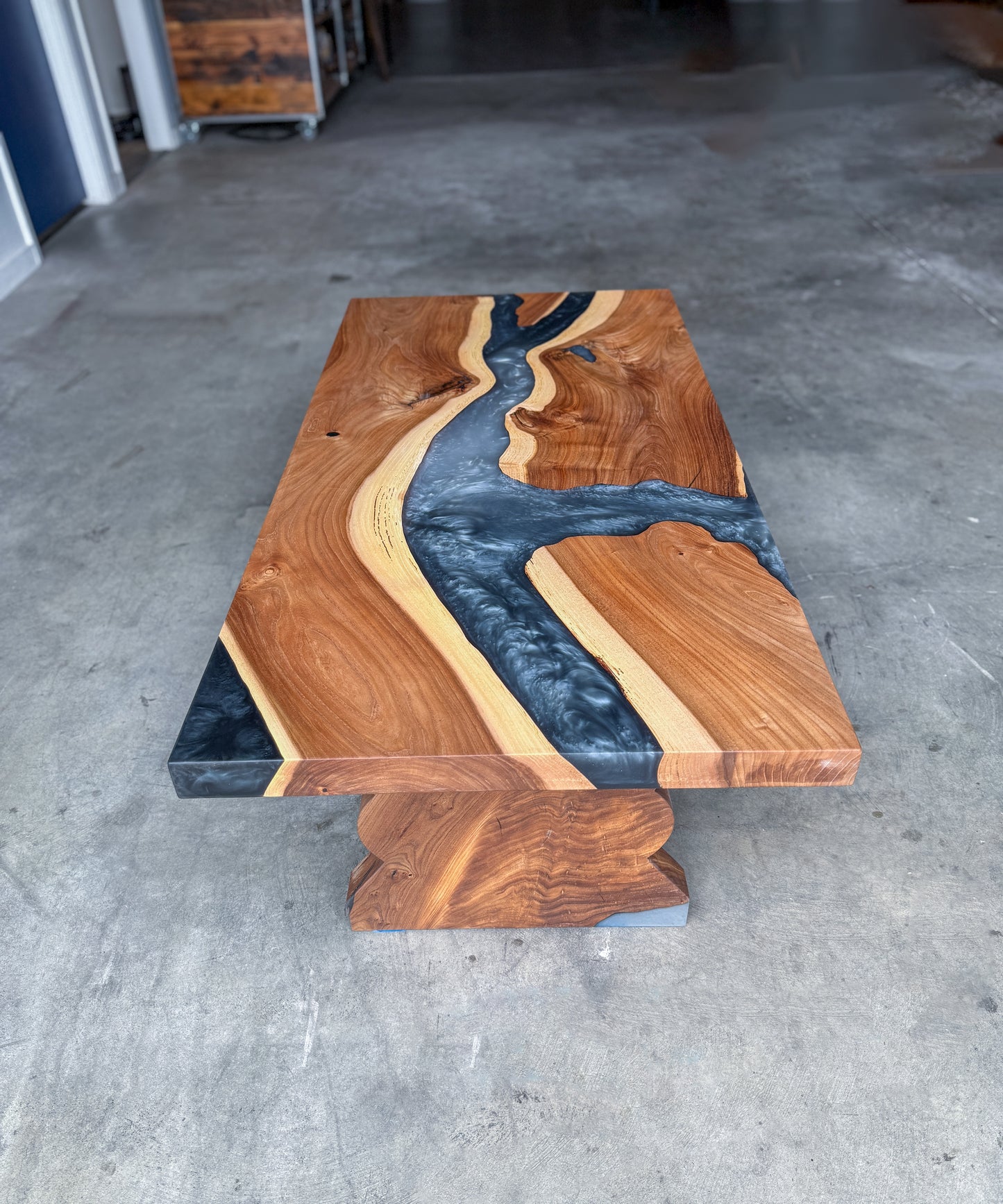 American Elm Epoxy River Coffee Table with Sculpted Elm Legs