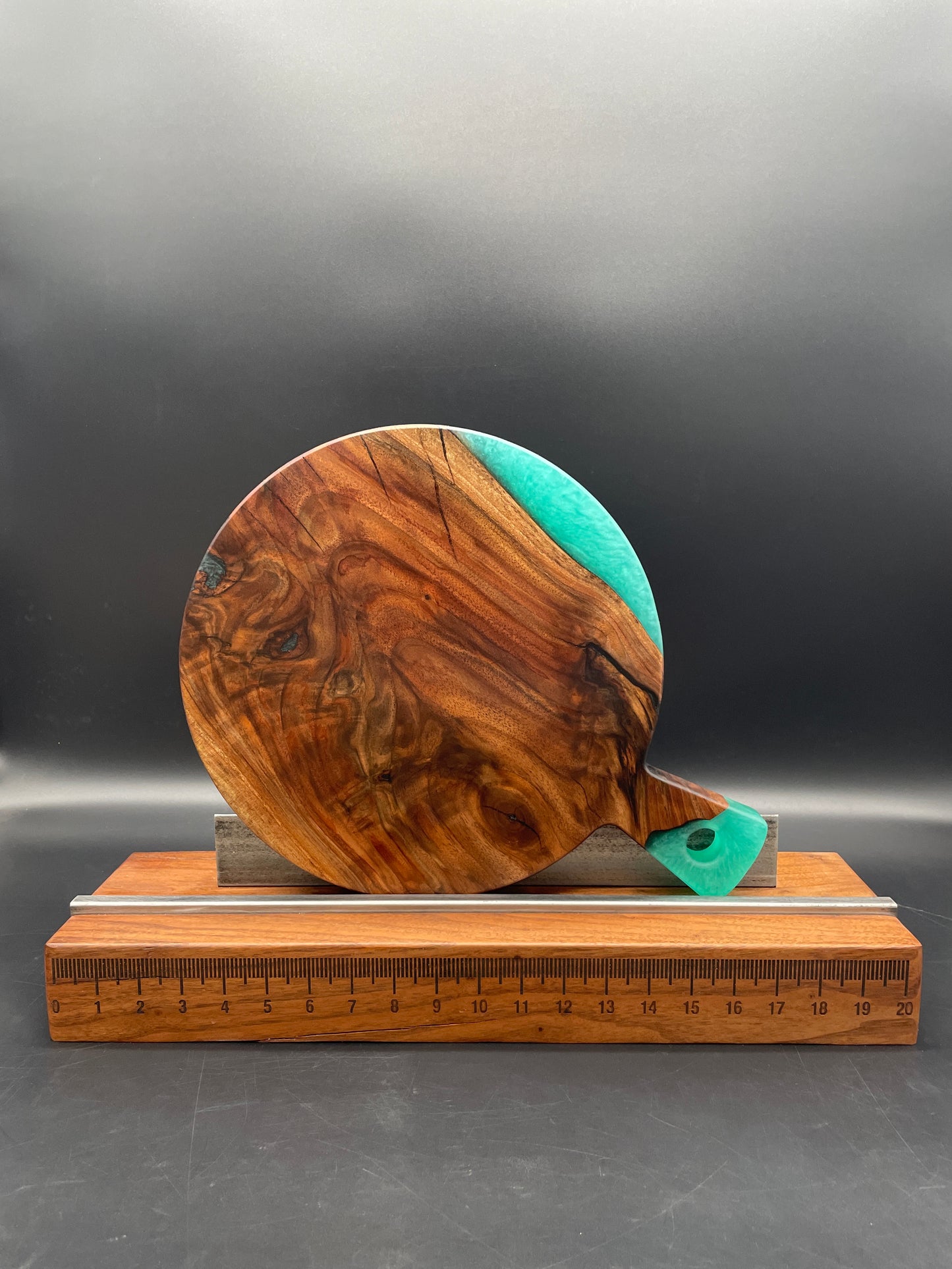 Round Handled Turquoise Epoxy Resin and Black Walnut Hardwood Charcuterie Board