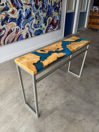 Burled Box Elder Blue Epoxy River Console Table