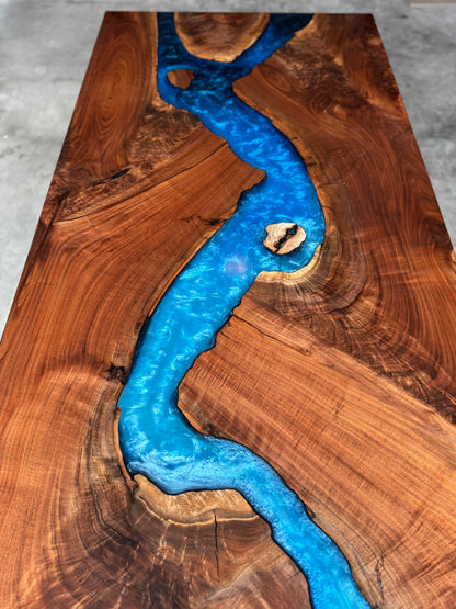 Black Walnut Dining/Conference Table with Multi-Blue Epoxy River & Waterfall Edge