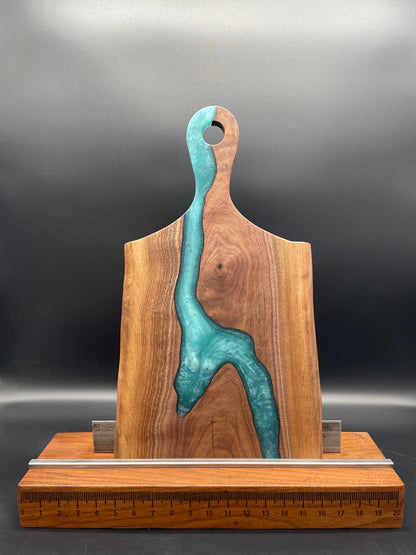 Handled Live Edge Black Walnut Charcuterie Board with Turquoise Resin River