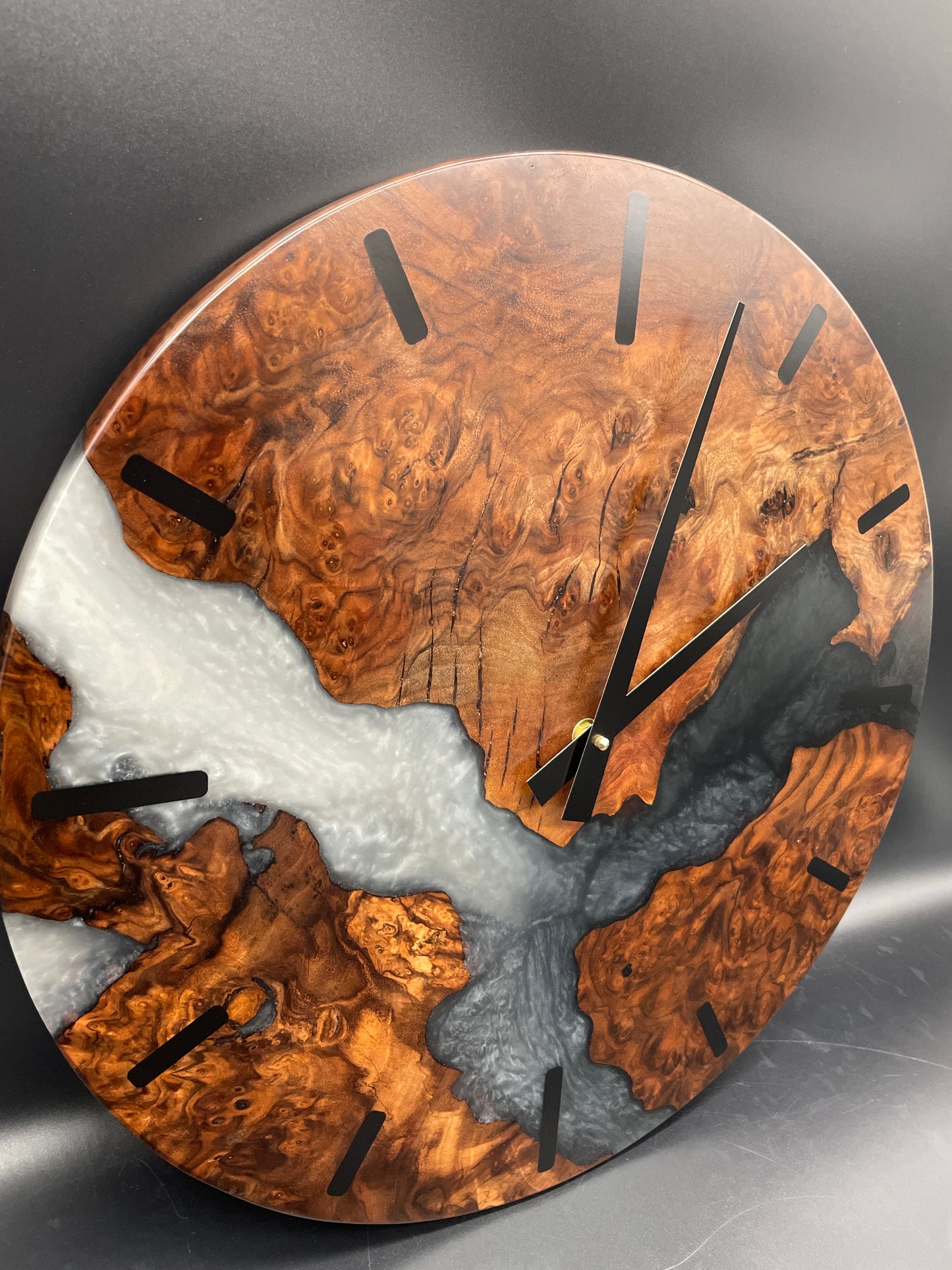 Claro Walnut Burl Round Wall Clock with Multi-Grey Epoxy River