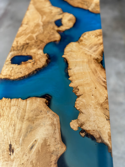 Burled Box Elder Blue Epoxy River Console Table