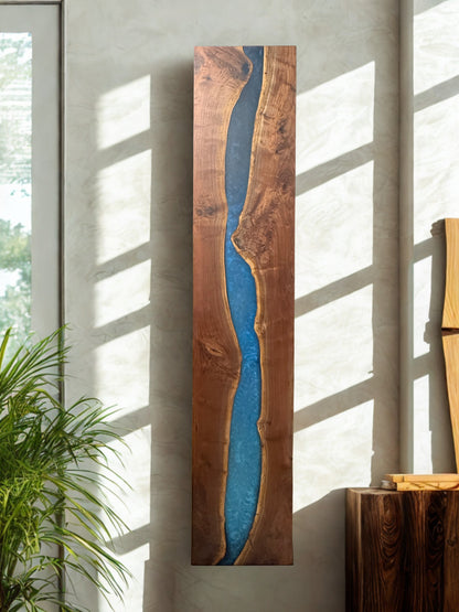 Black walnut waterfall wall art with blue epoxy river and LED lighting package