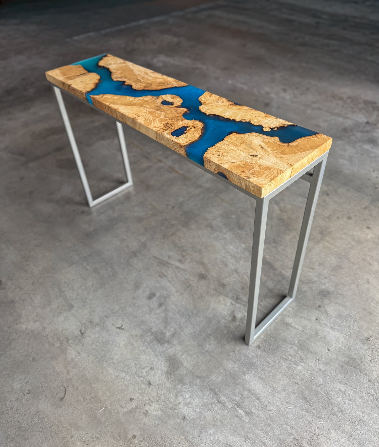 Burled Box Elder Blue Epoxy River Console Table