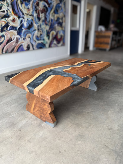 American Elm Epoxy River Coffee Table with Sculpted Elm Legs