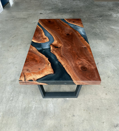 Black walnut river coffee table with multi-grey epoxy resin and black angled square metal legs