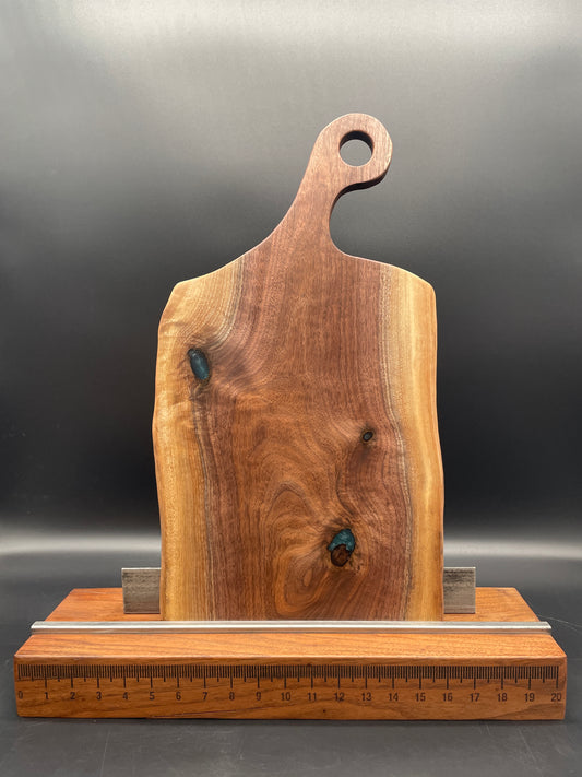 Handled Black Walnut Charcuterie Board with Turquoise Resin Fills