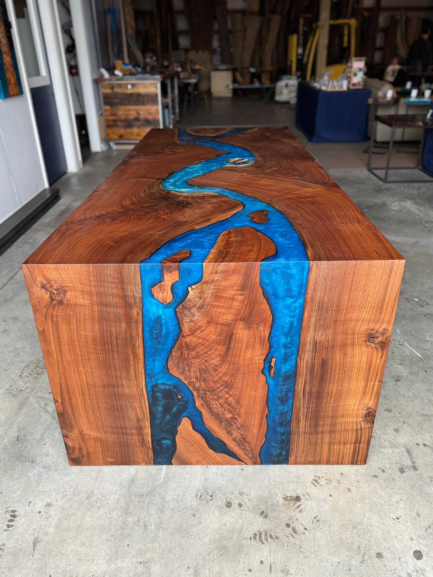 Black Walnut Dining/Conference Table with Multi-Blue Epoxy River & Waterfall Edge