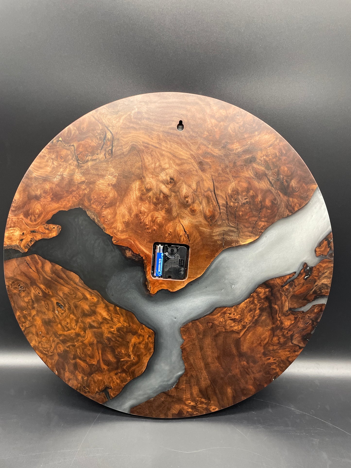 Claro Walnut Burl Round Wall Clock with Multi-Grey Epoxy River