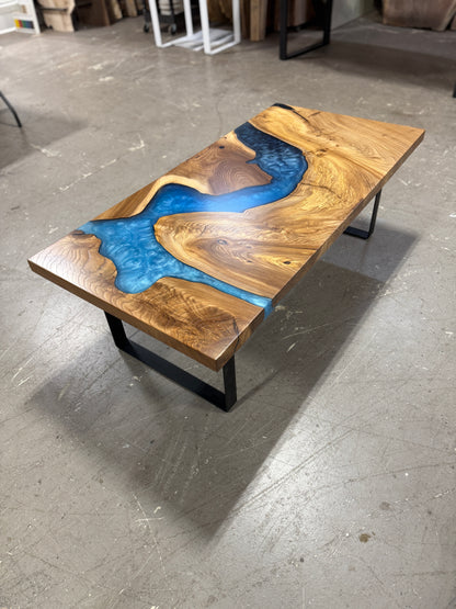 American Elm Multi-Blue Epoxy Resin Coffee Table