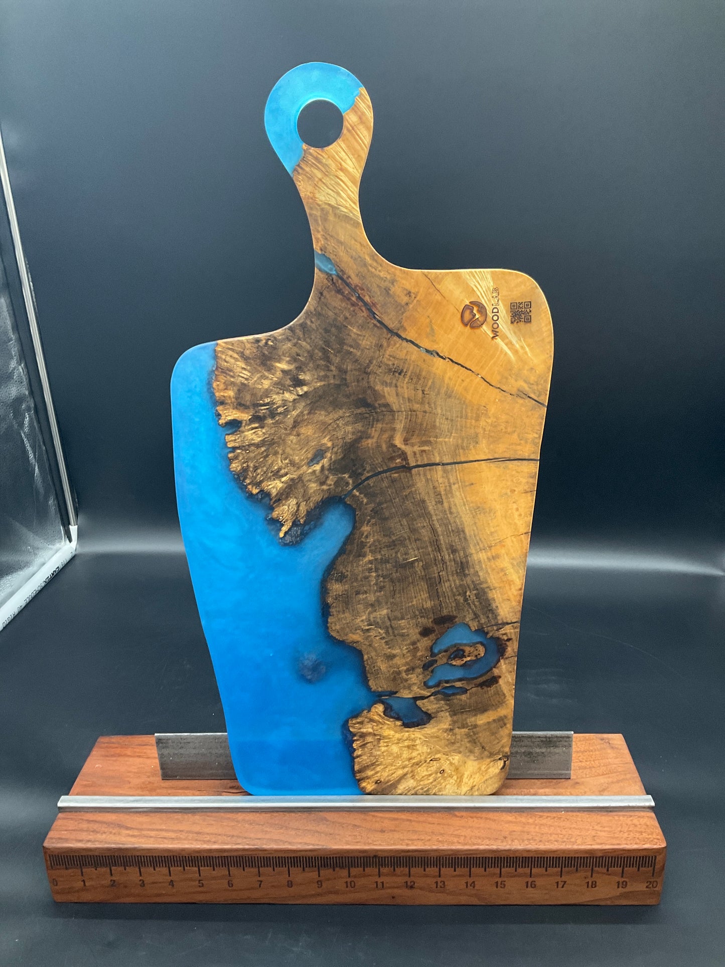 Handled Blue Epoxy River and Maple Burl charcuterie board