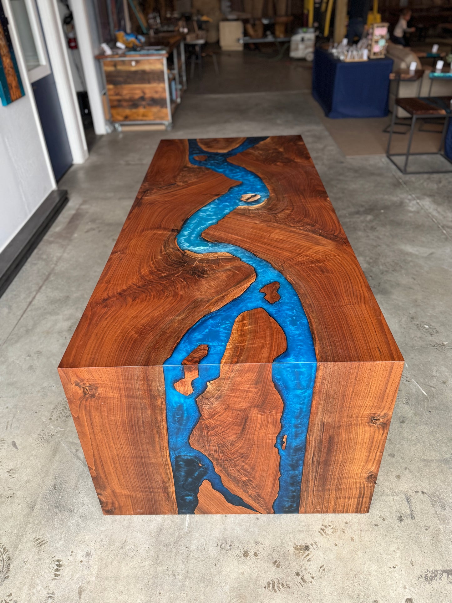 Black Walnut Dining/Conference Table with Multi-Blue Epoxy River & Waterfall Edge