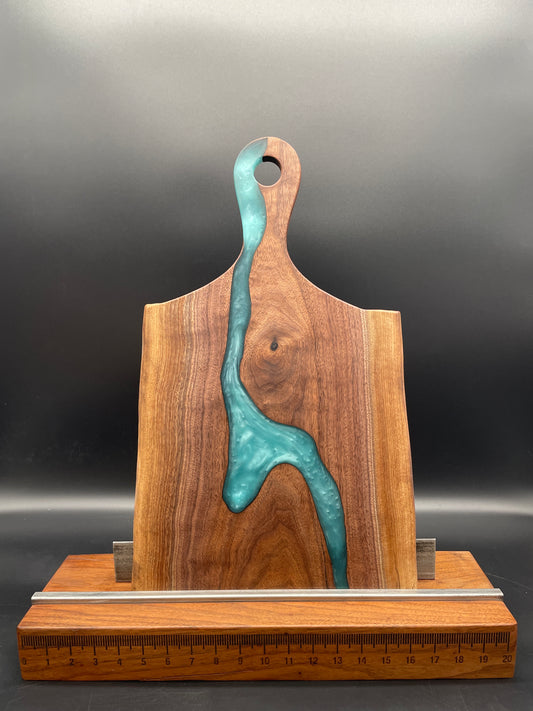 Handled Black Walnut Charcuterie Board with Turquoise Resin River
