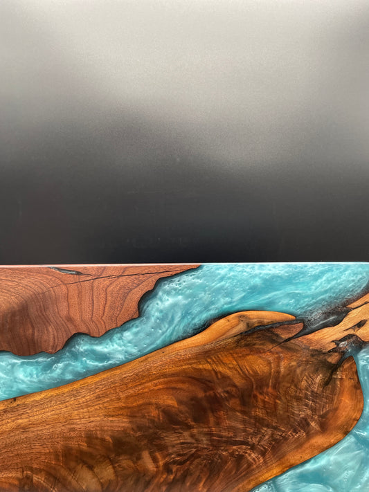12" x 20" Black Walnut Wood & Turquoise Epoxy Resin River Charcuterie Board