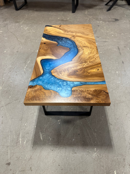 American Elm Multi-Blue Epoxy Resin Coffee Table
