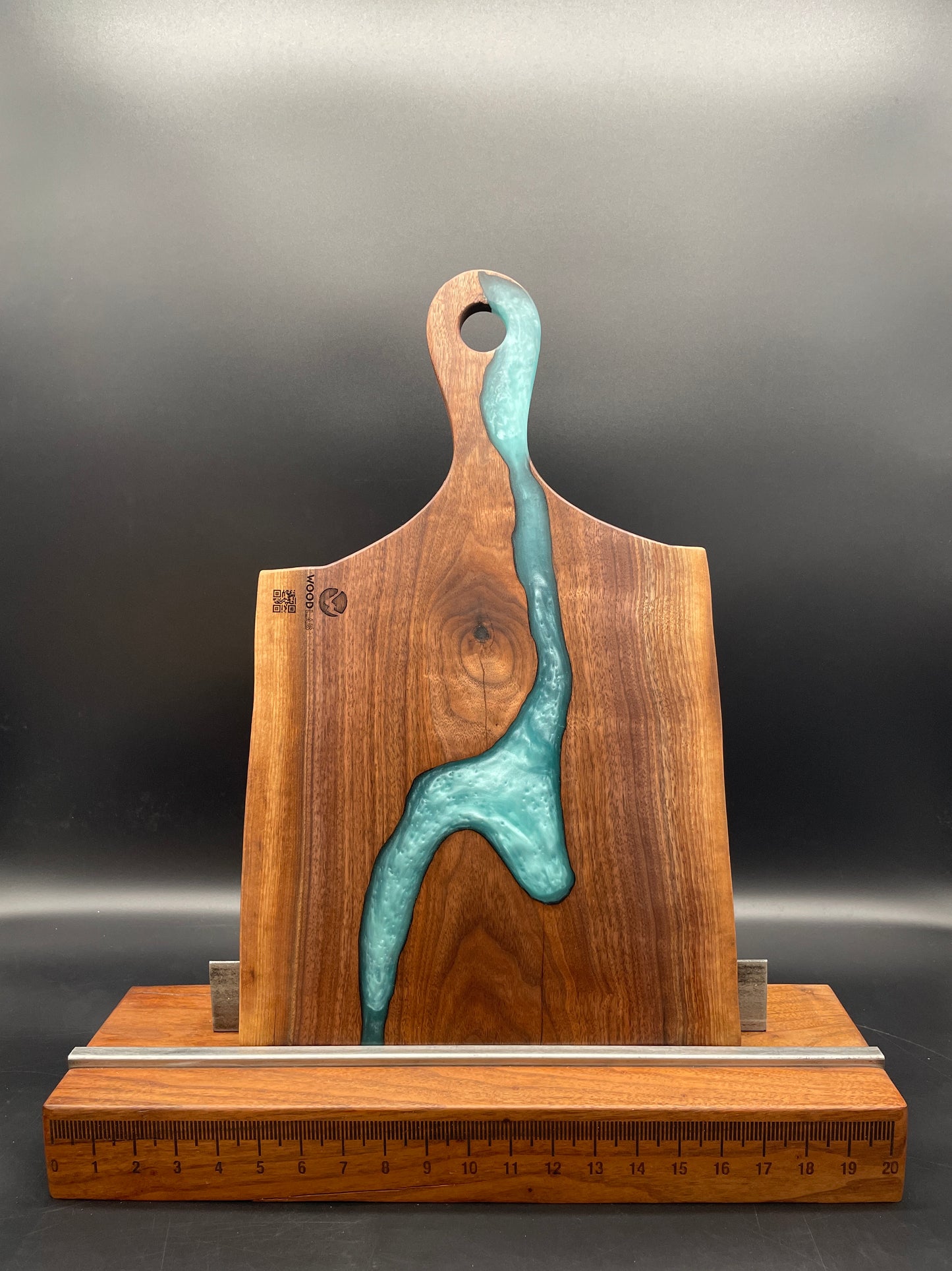 Handled Black Walnut Charcuterie Board with Turquoise Resin River