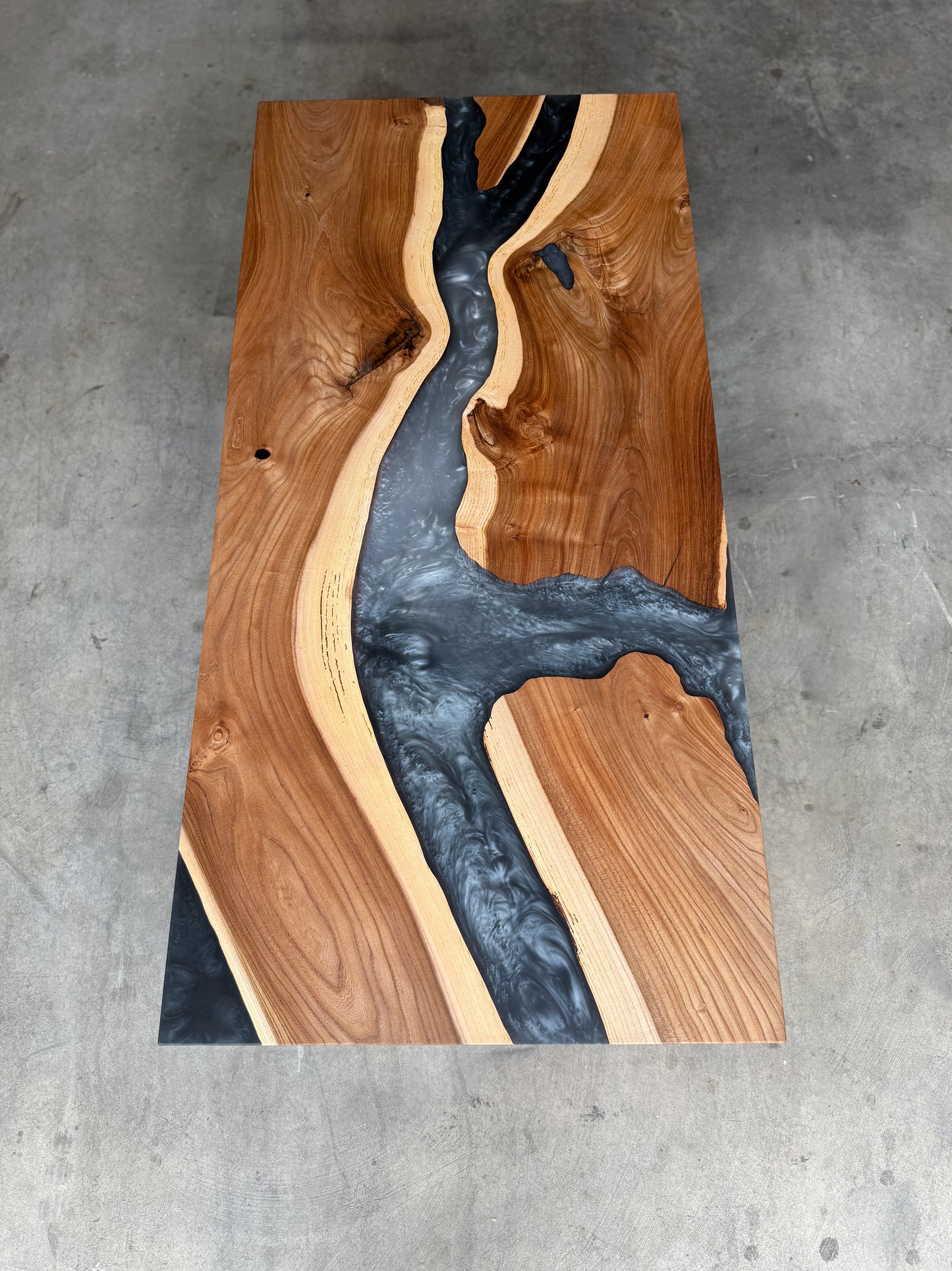 American Elm Epoxy River Coffee Table with Sculpted Elm Legs