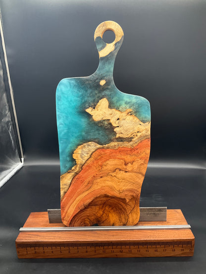 Handled Turquoise Epoxy and Exotic Wood Charcuterie Board