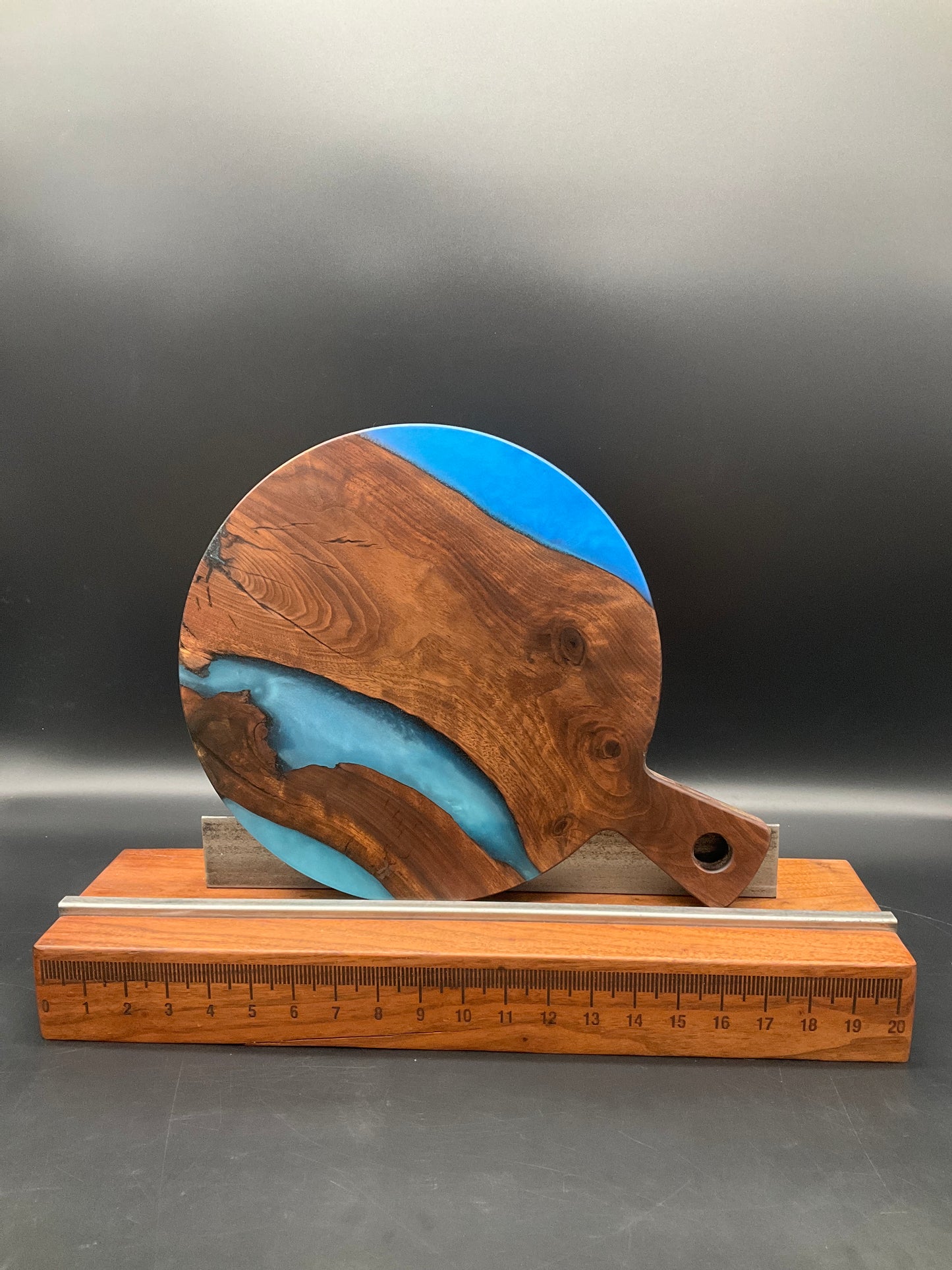 Round Handled Blue Epoxy Resin and Black Walnut Hardwood Charcuterie Board