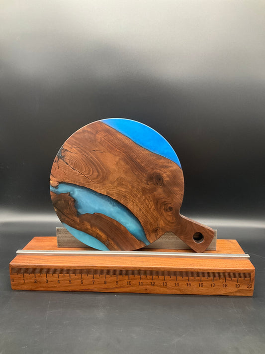 Round Handled Blue Epoxy Resin and Black Walnut Hardwood Charcuterie Board
