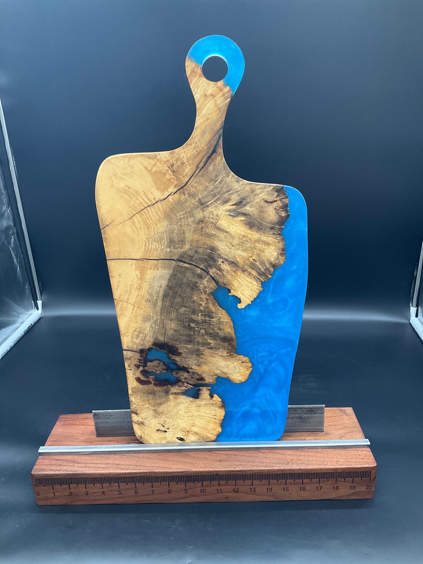 Handled Blue Epoxy River and Maple Burl charcuterie board