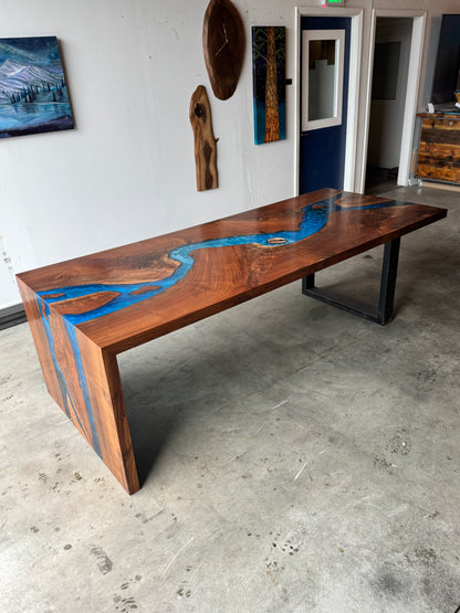 Black Walnut Dining/Conference Table with Multi-Blue Epoxy River & Waterfall Edge