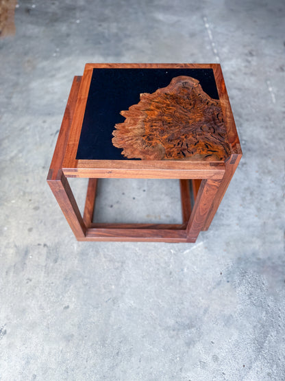 "Infinity" Claro Walnut and Solid Black Epoxy Side Table with Black Walnut Base