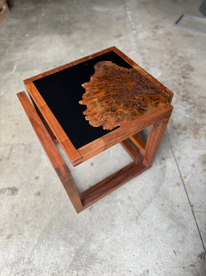 "Infinity" Claro Walnut and Solid Black Epoxy Side Table with Black Walnut Base