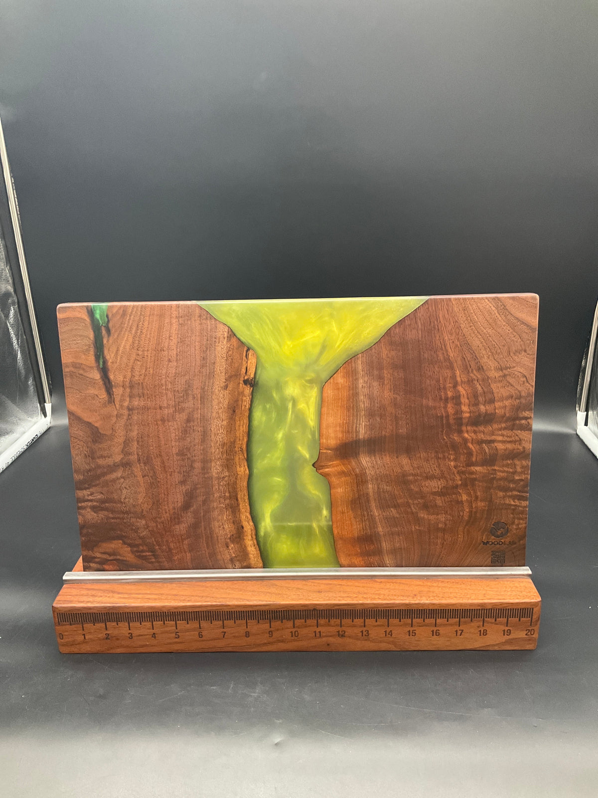 12" x 20" Black Walnut Wood & Green Epoxy Resin River CB