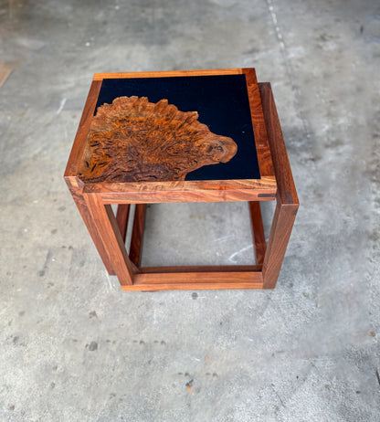 "Infinity" Claro Walnut and Solid Black Epoxy Side Table with Black Walnut Base