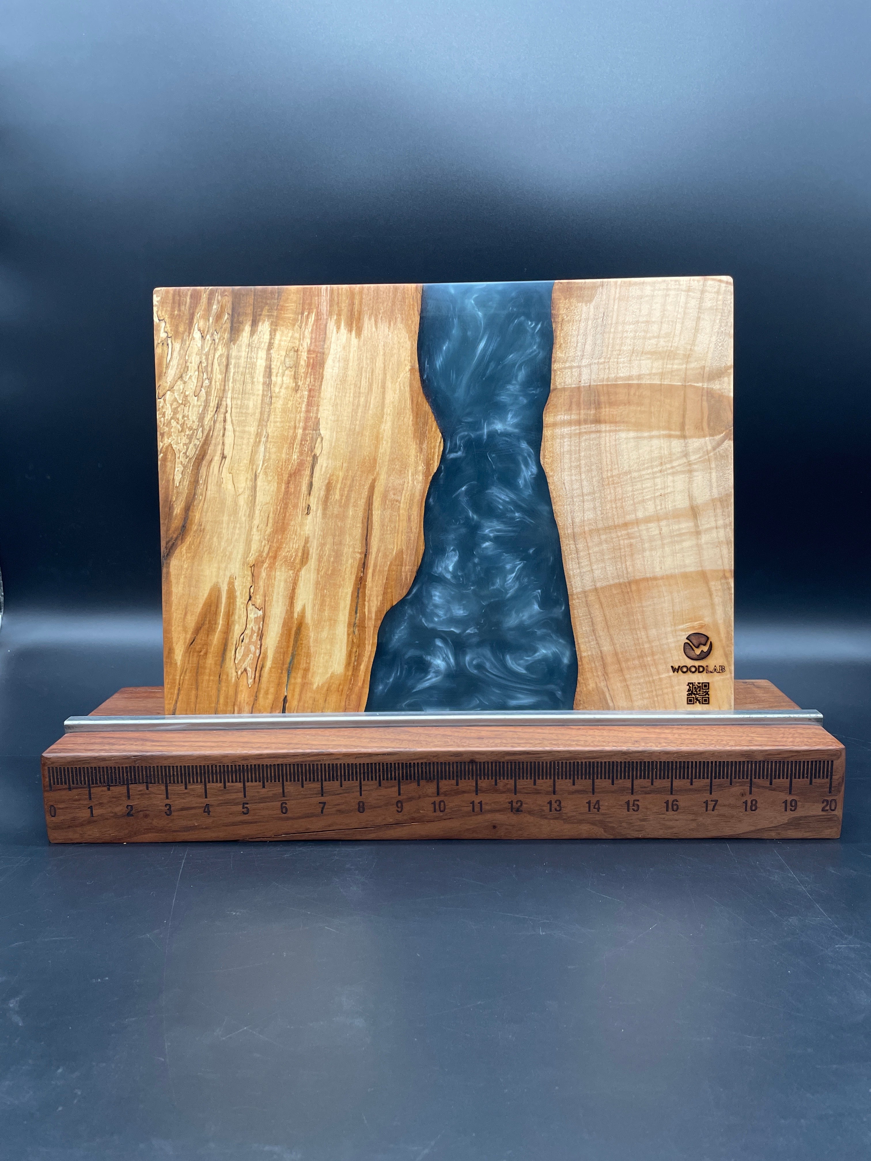 Popular D12) Charcuterie Board of old-growth redwood burl and cypress, with abalone shells inlaid in ocean blue epoxy and end-capped with oak.