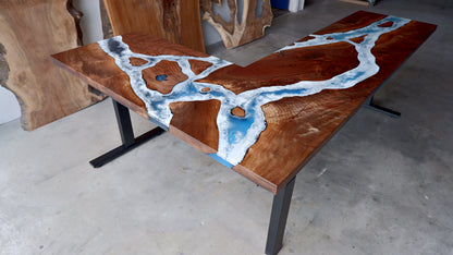 Black Walnut Sit / Stand L-Shaped Office Desk with Whitewater Epoxy Designs