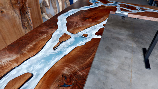 Black Walnut Sit / Stand L-Shaped Office Desk with Whitewater Epoxy Designs