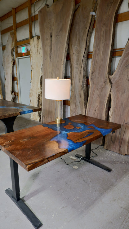 Black Walnut Sit/Stand Desk with Multi-Blue Epoxy River