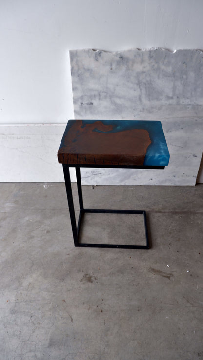 Premium Black Walnut C-Table with Blue Epoxy Encasement