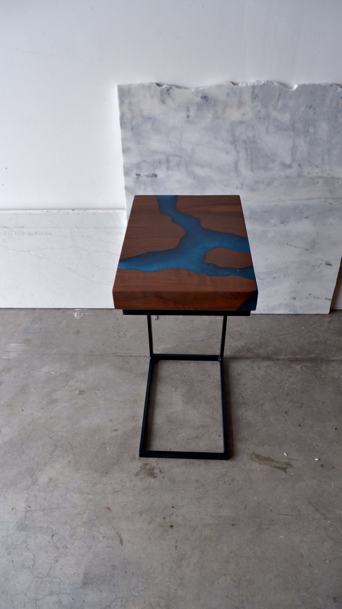 Black Walnut C-Table with Blue River