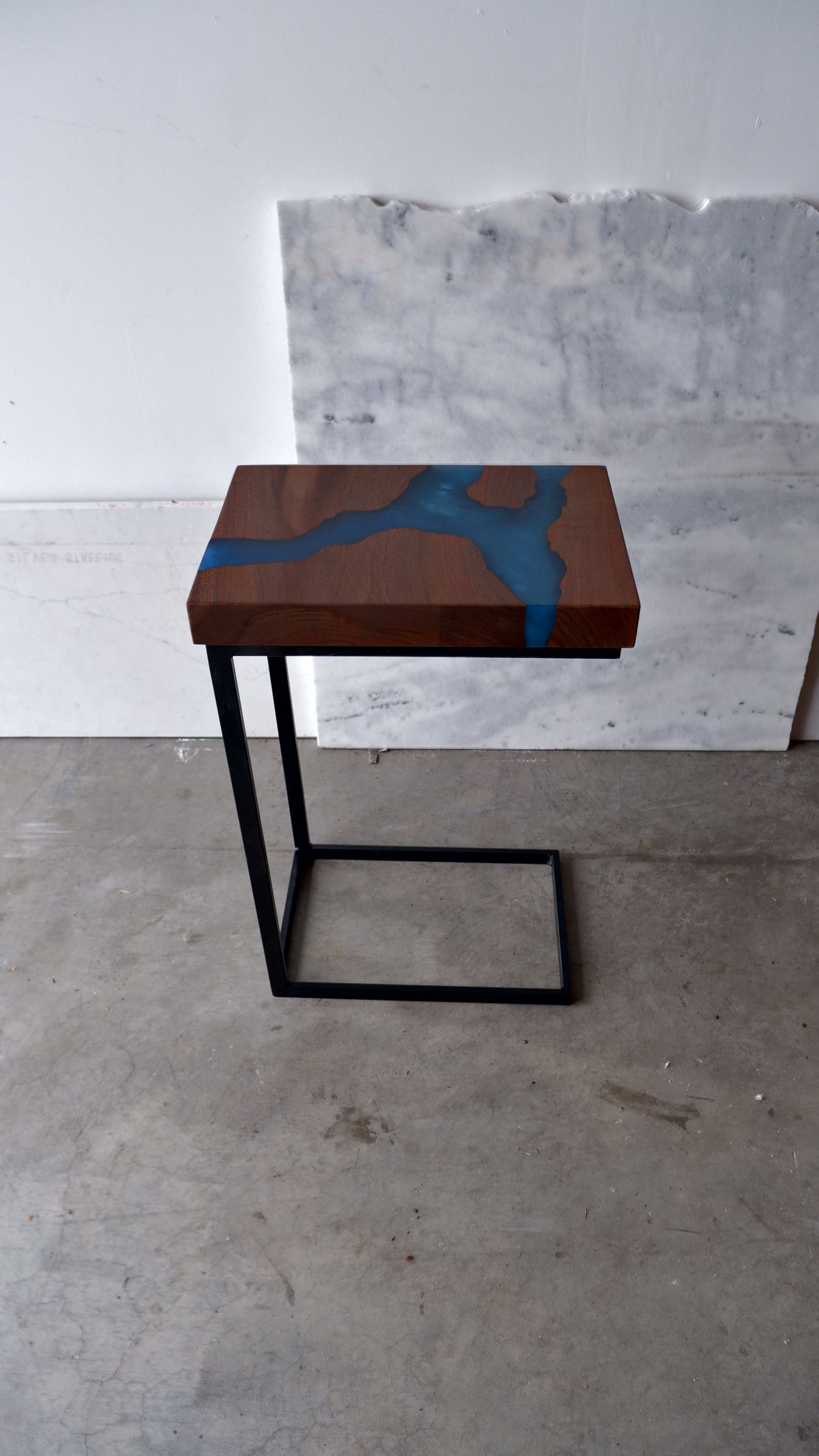 Black Walnut C-Table with Blue River