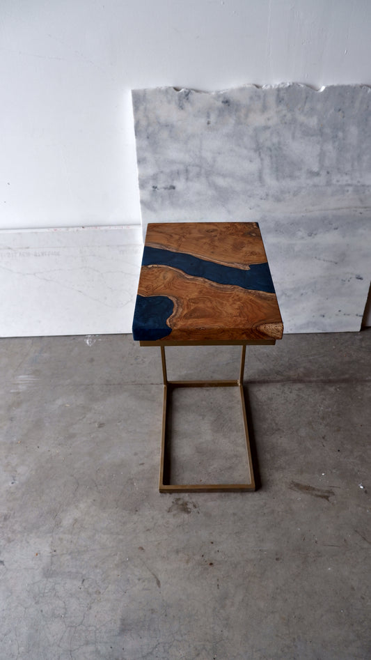 Teak C-Table with Blue Epoxy Resin River