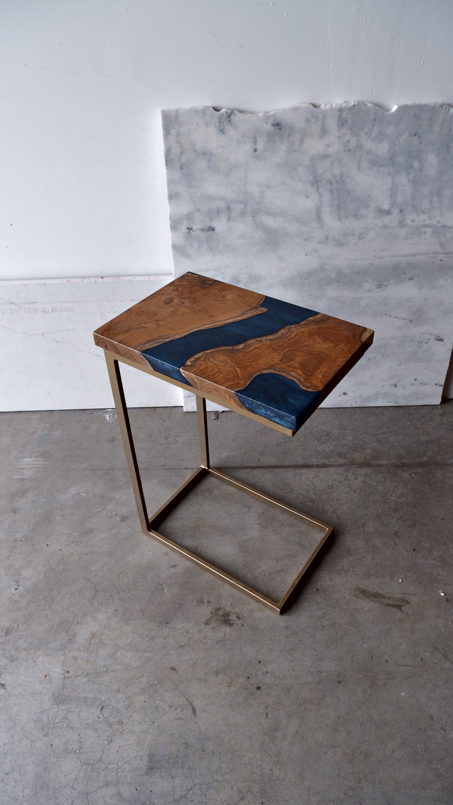 Teak C-Table with Blue Epoxy Resin River