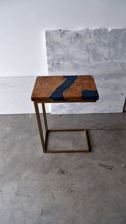 Teak C-Table with Blue Epoxy Resin River