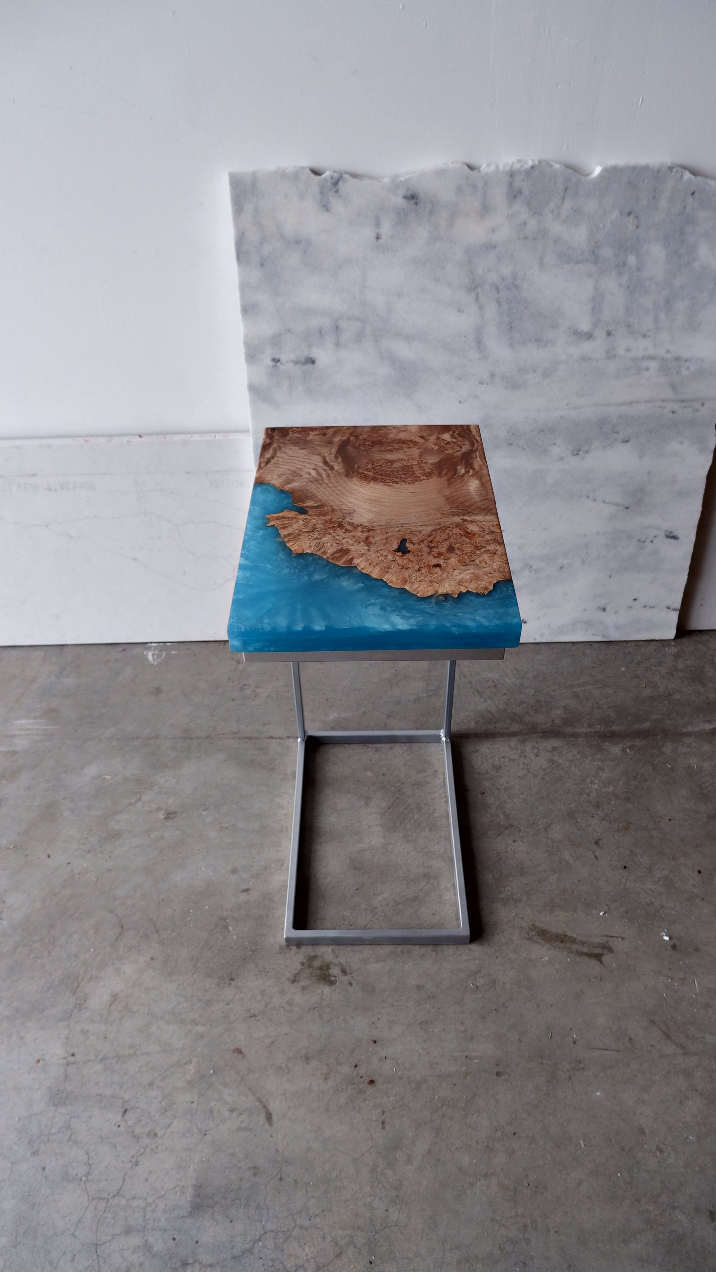 Maple Burl C-Table with Turquoise Epoxy Encasement