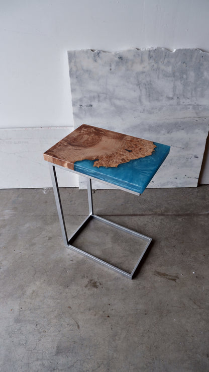 Maple Burl C-Table with Turquoise Epoxy Encasement