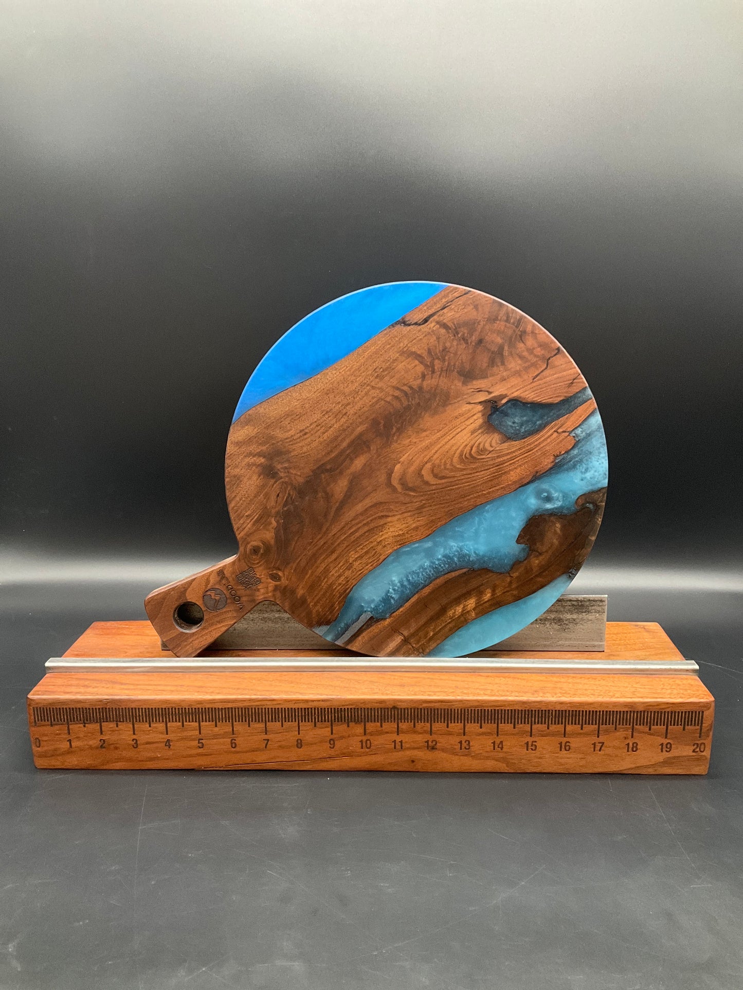 Round Handled Blue Epoxy Resin and Black Walnut Hardwood Charcuterie Board