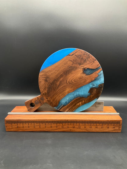 Round Handled Blue Epoxy Resin and Black Walnut Hardwood Charcuterie Board